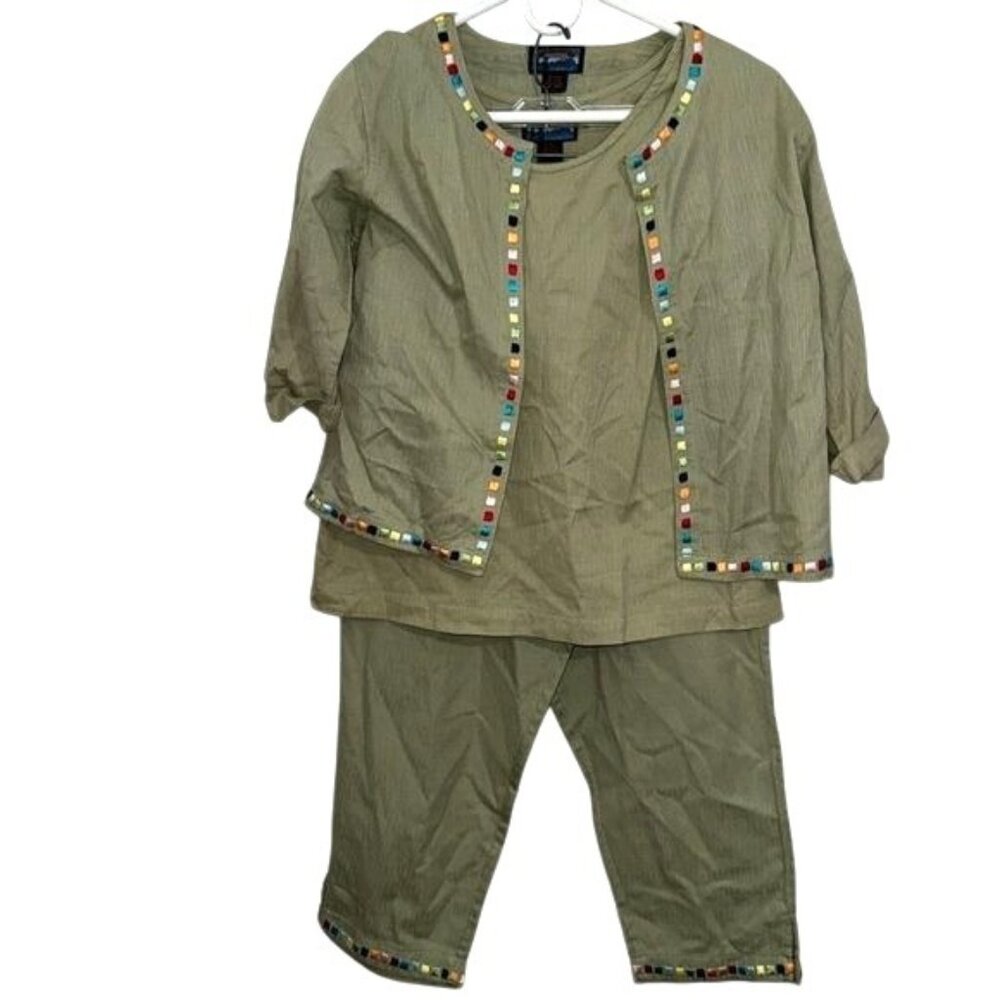 Vintage Womens 3-Piece Olive Green Cotton Ensemble With Beaded Trim